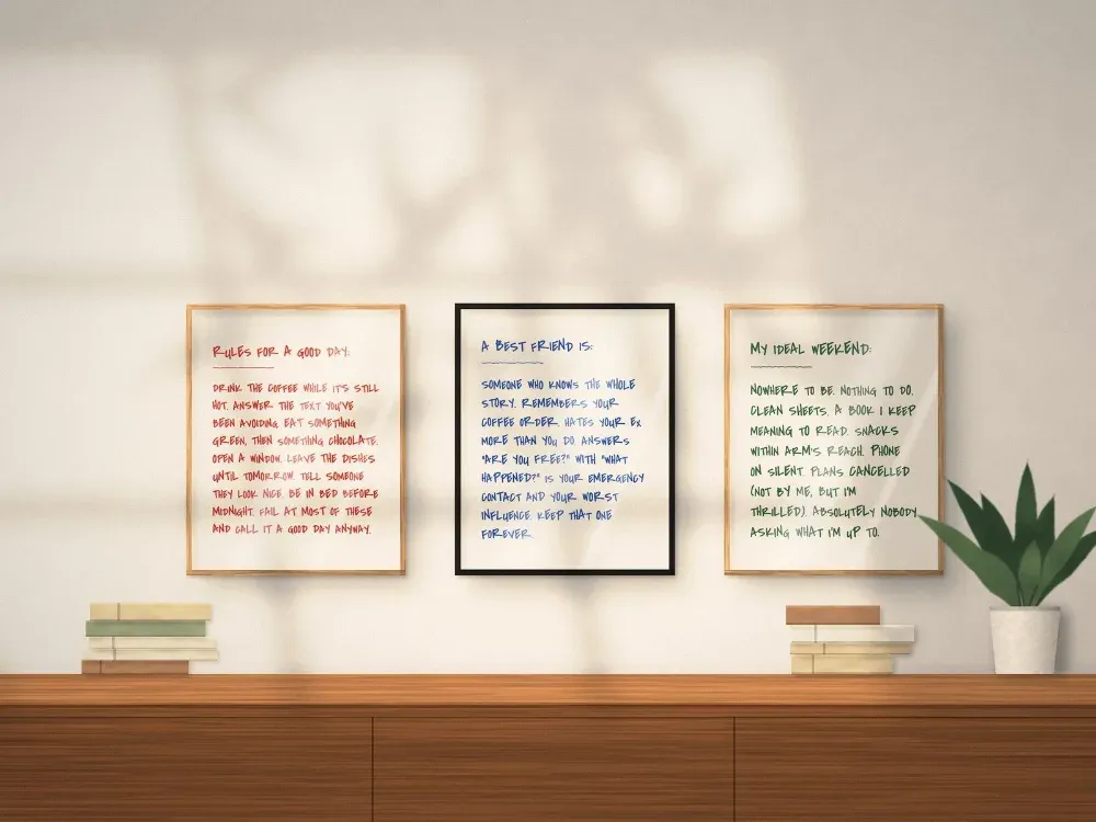 Three hand-lettered relatable quote prints framed above a sideboard